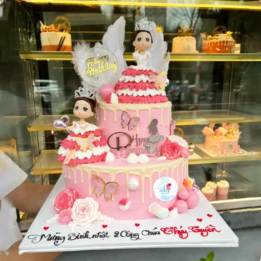 Bánh sinh nhật công chúa 2 tầng cho 2 bé gái