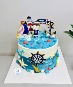 Bánh sinh nhật thủy thủ cho bé trai, trang trí thuyền buồm, mỏ neo và sao biển dễ thương