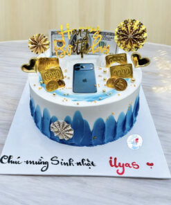 Bánh kem in hình điện thoại iPhone sang trọng trang trí vàng đồng và phụ kiện tiền thưởng sinh nhật