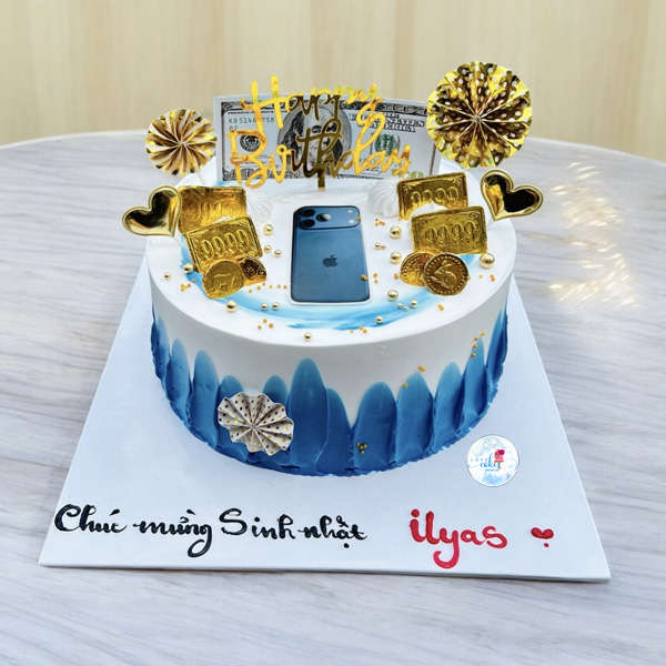 Bánh kem in hình điện thoại iPhone Bánh kem in hình điện thoại iPhone sang trọng trang trí vàng đồng và phụ kiện tiền thưởng sinh nhật
