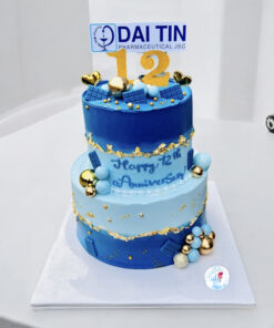 Bánh kem cho công ty 2 tầng màu xanh sang trọng kỷ niệm thành lập doanh nghiệp